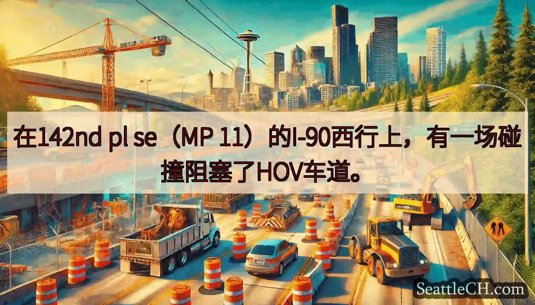 在142nd pl se（MP 11）的I-90西行上，有一场碰撞阻塞了HOV车道。