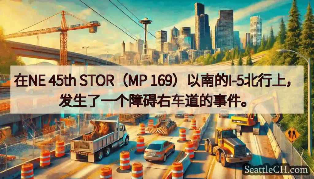在NE 45th STOR（MP 169）以南的I-5北行上，发生了一个障碍右车道的事件。