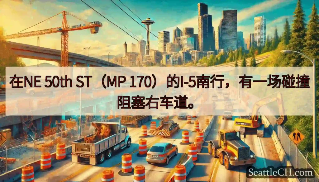 在NE 50th ST（MP 170）的I-5南行，有一场碰撞阻塞右车道。