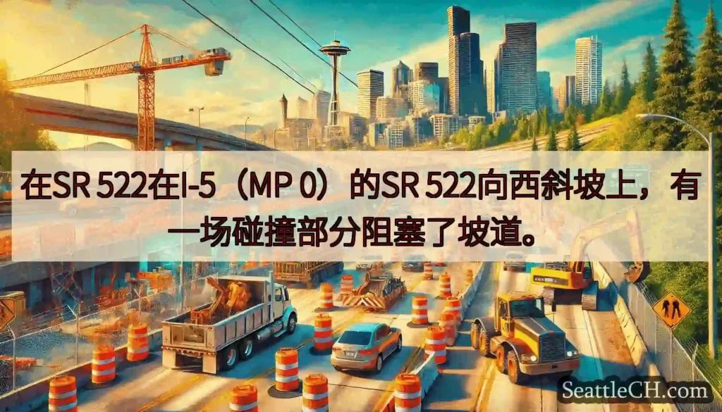在SR 522在I-5（MP 0）的SR 522向西斜坡上，有一场碰撞部分阻塞了坡道。