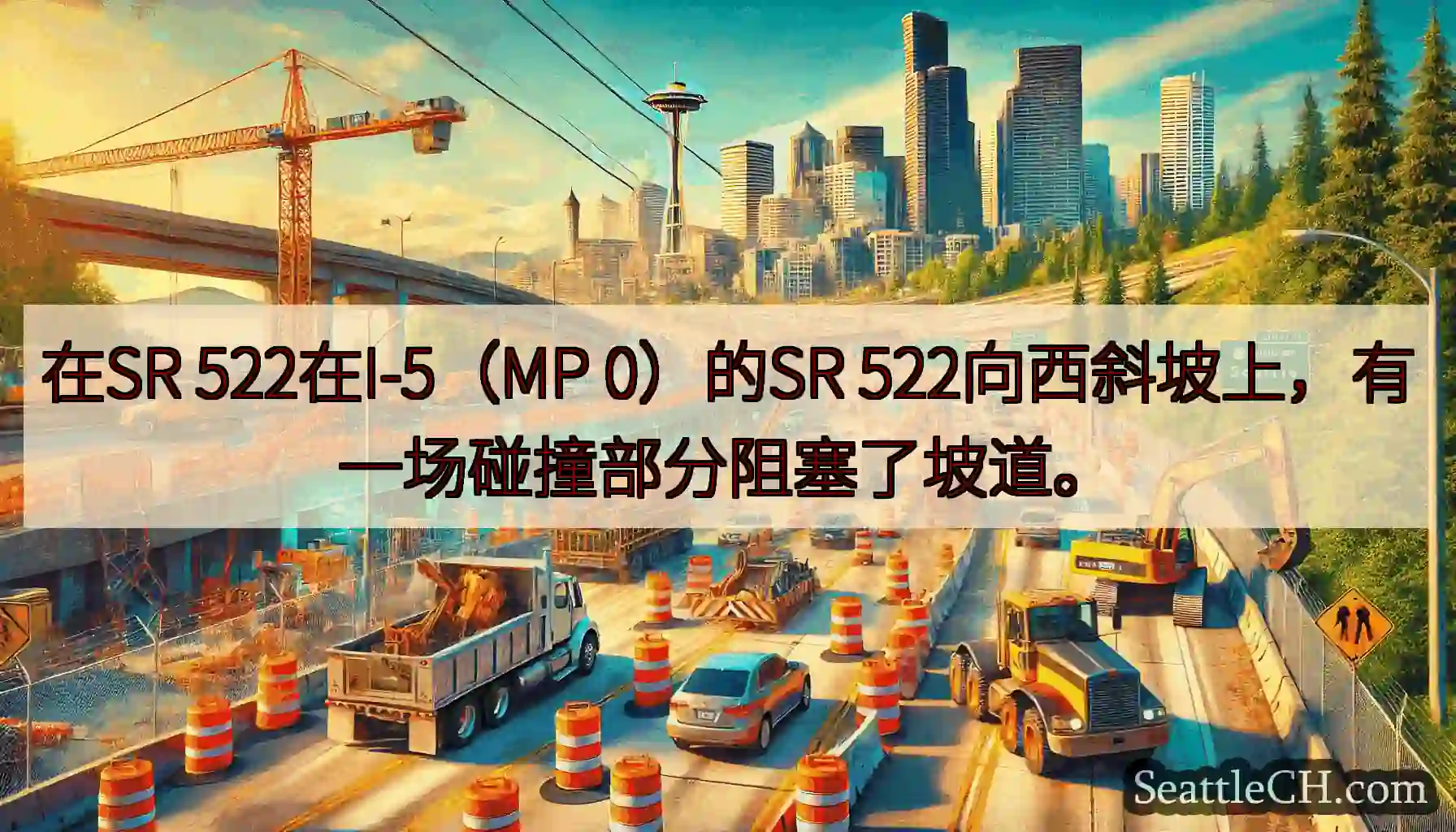 在SR 522在I-5（MP 0）的SR 522向西斜坡上，有一场碰撞部分阻塞了坡道。