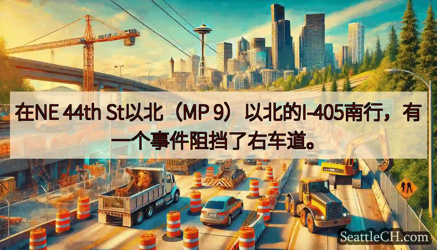 在NE 44th St以北（MP 9）以北的I-405南行，有一个事件阻挡了右车道。