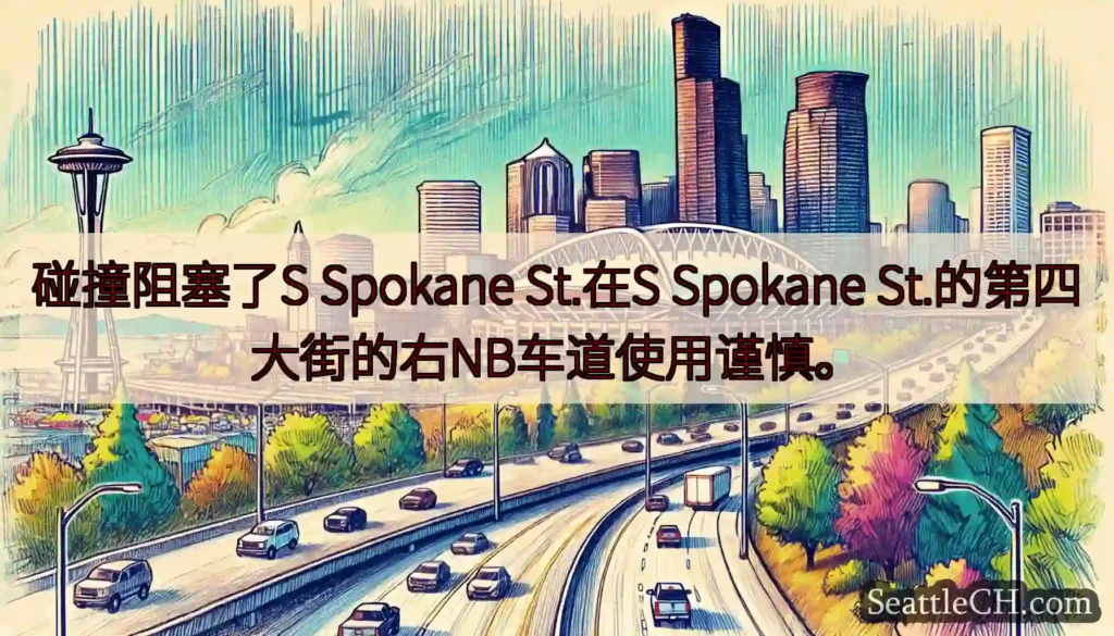 碰撞阻塞了S Spokane St.在S Spokane St.的第四大街的右NB车道使用谨慎。