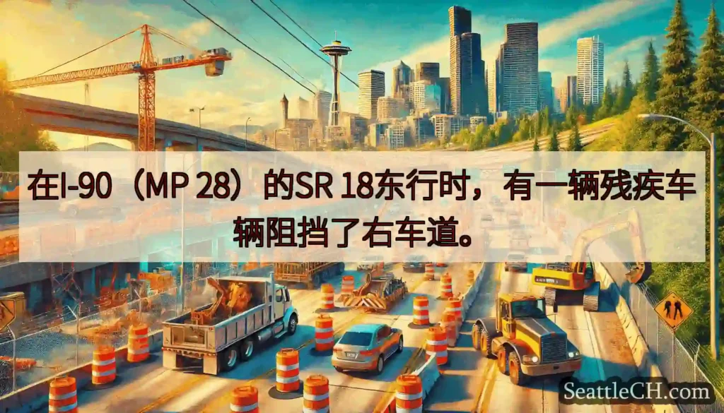 在I-90（MP 28）的SR 18东行时，有一辆残疾车辆阻挡了右车道。