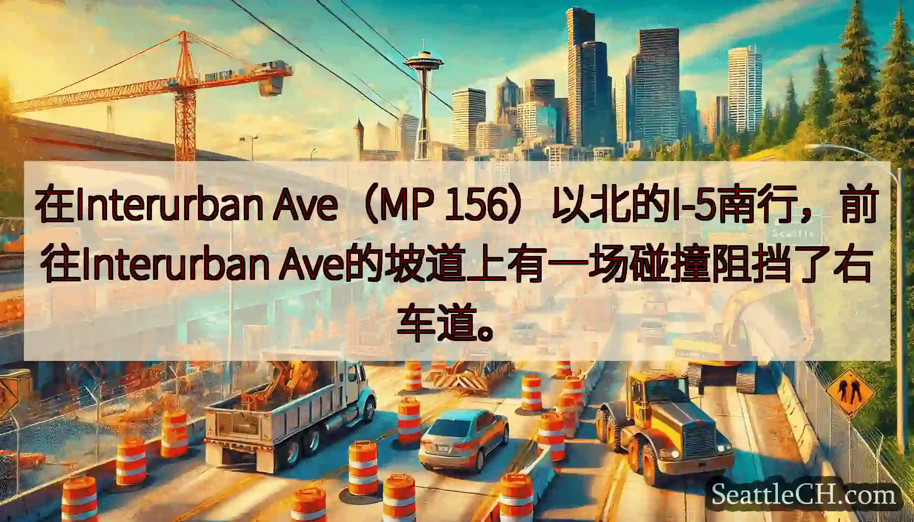 在Interurban Ave（MP 156）以北的I-5南行，前往Interurban