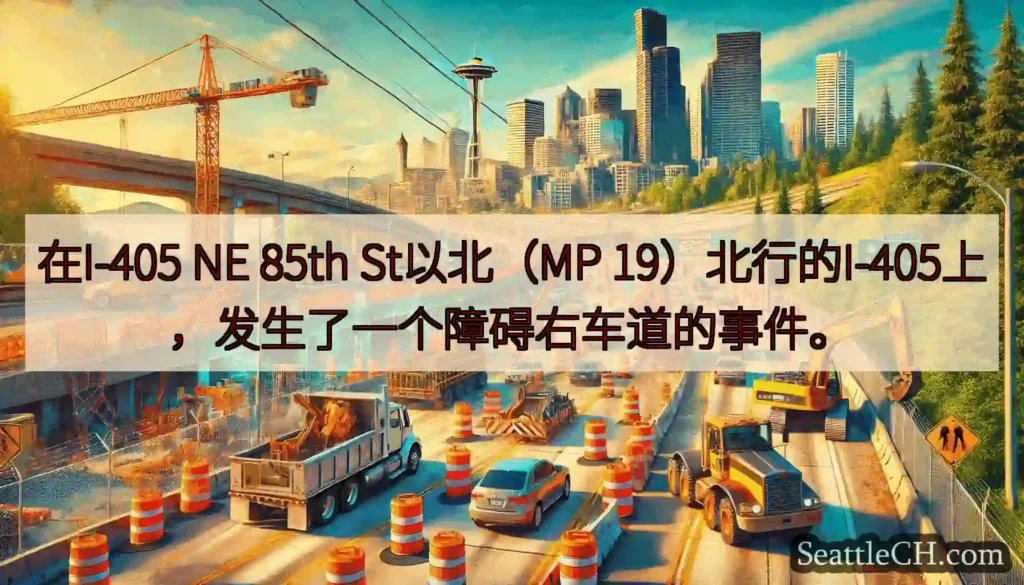 在I-405 NE 85th St以北（MP 19）北行的I-405上，发生了一个障碍右车道的事件。