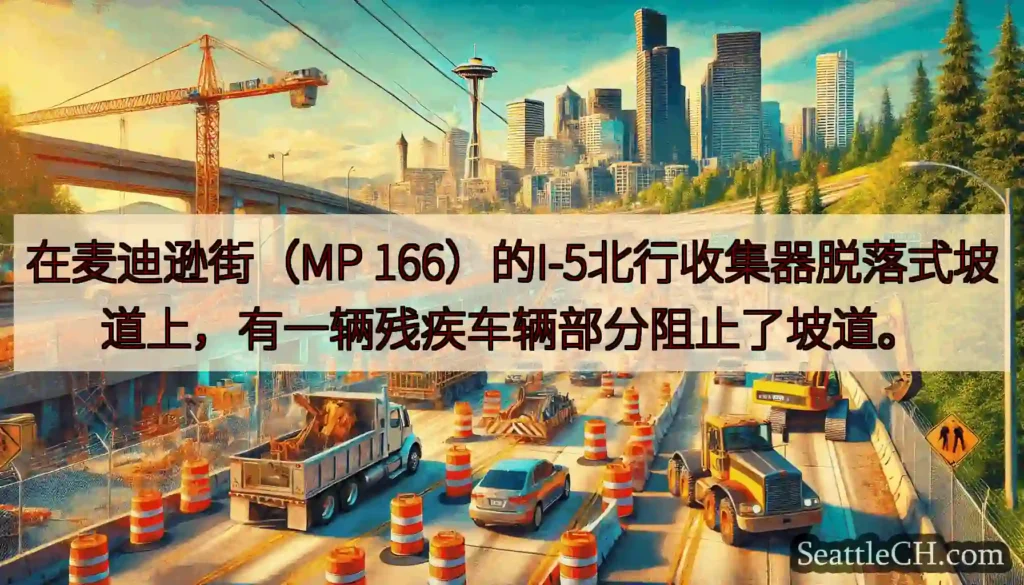 在麦迪逊街（MP 166）的I-5北行收集器脱落式坡道上，有一辆残疾车辆部分阻止了坡道。