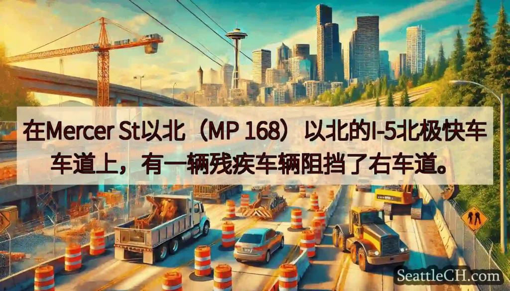 在Mercer St以北（MP 168）以北的I-5北极快车车道上，有一辆残疾车辆阻挡了右车道。