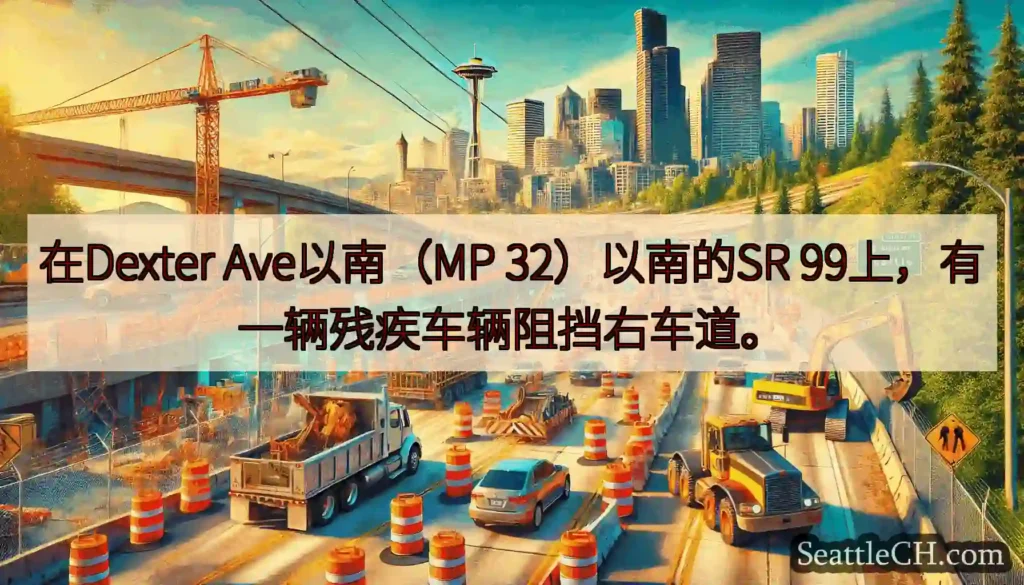 在Dexter Ave以南（MP 32）以南的SR 99上，有一辆残疾车辆阻挡右车道。
