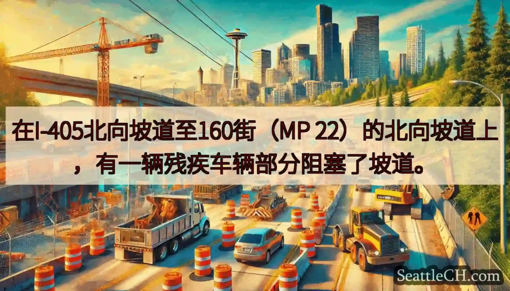 在I-405北向坡道至160街（MP 22）的北向坡道上，有一辆残疾车辆部分阻塞了坡道。