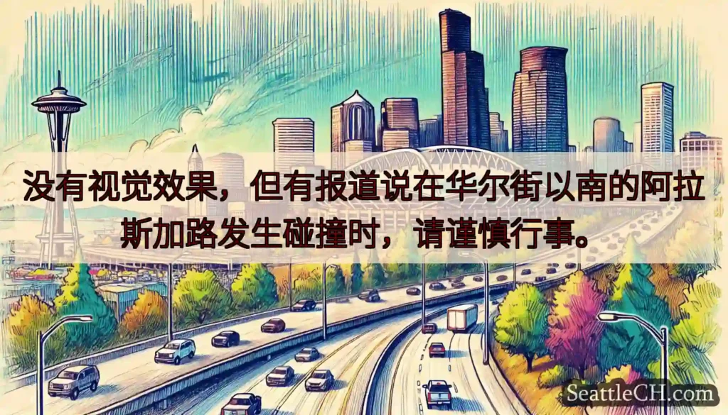 没有视觉效果，但有报道说在华尔街以南的阿拉斯加路发生碰撞时，请谨慎行事。