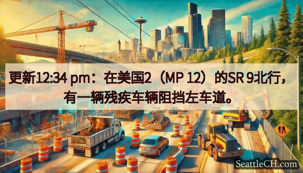 更新12:34 pm：在美国2（MP 12）的SR 9北行，有一辆残疾车辆阻挡左车道。