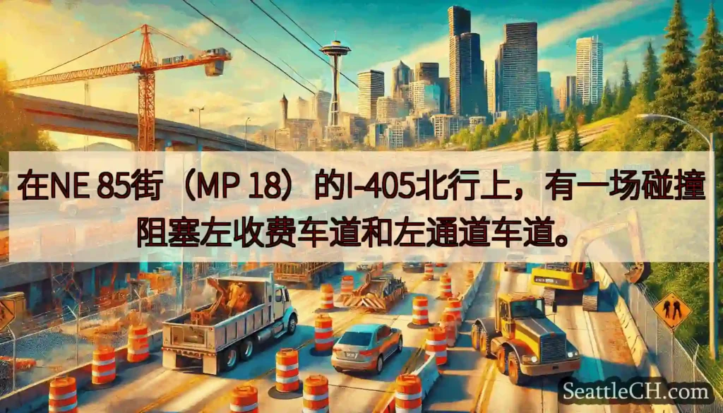 在NE 85街（MP 18）的I-405北行上，有一场碰撞阻塞左收费车道和左通道车道。
