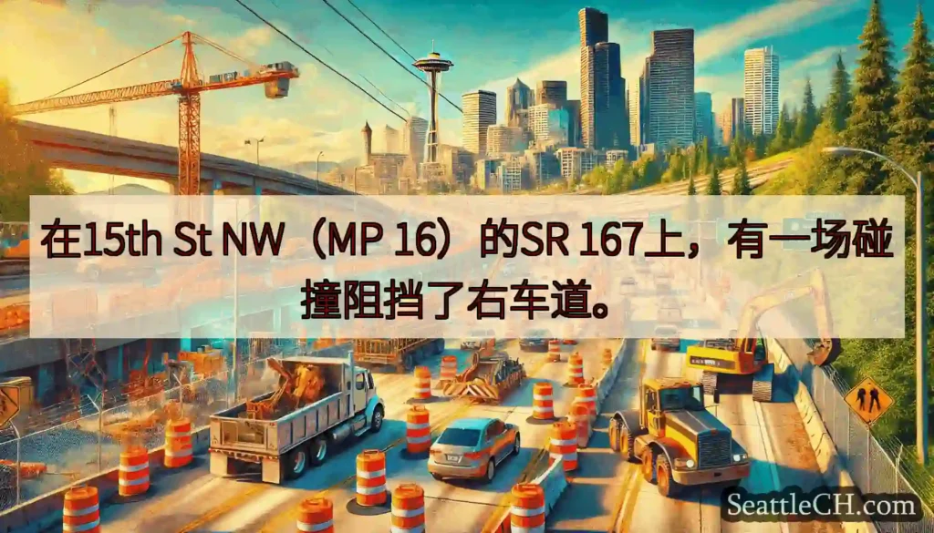 在15th St NW（MP 16）的SR 167上，有一场碰撞阻挡了右车道。