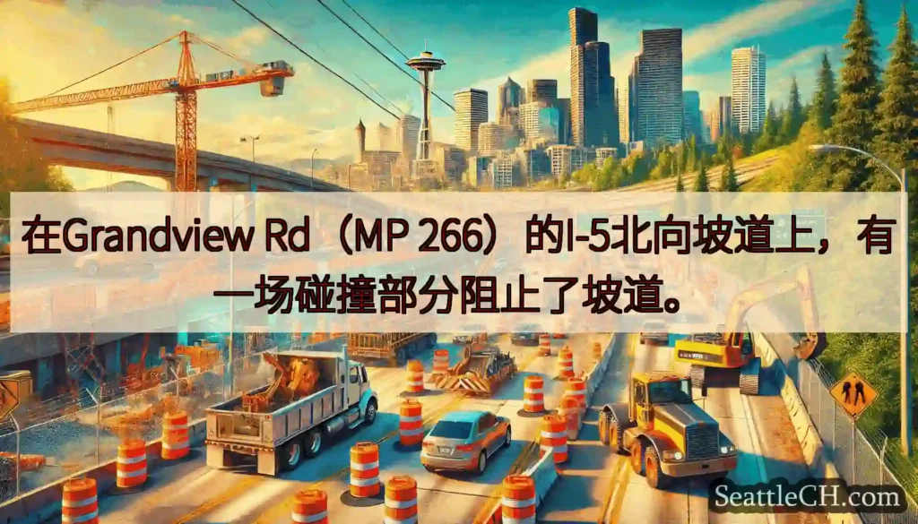 在Grandview Rd（MP 266）的I-5北向坡道上，有一场碰撞部分阻止了坡道。