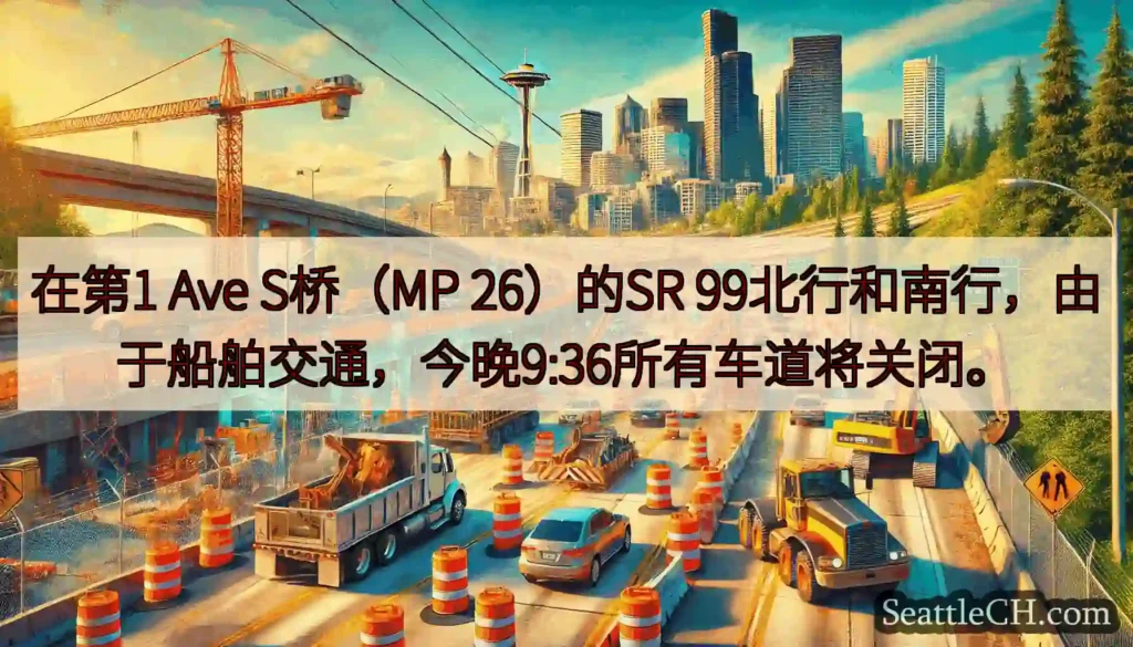 在第1 Ave S桥（MP 26）的SR 99北行和南行，由于船舶交通，今晚9:36所有车道将关闭。