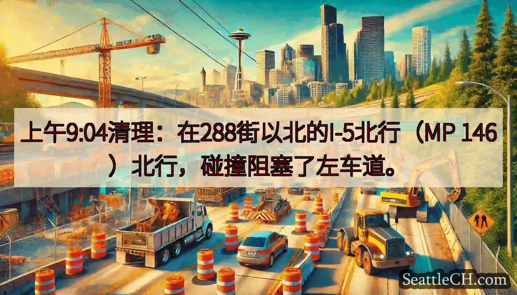 上午9:04清理：在288街以北的I-5北行（MP 146）北行，碰撞阻塞了左车道。