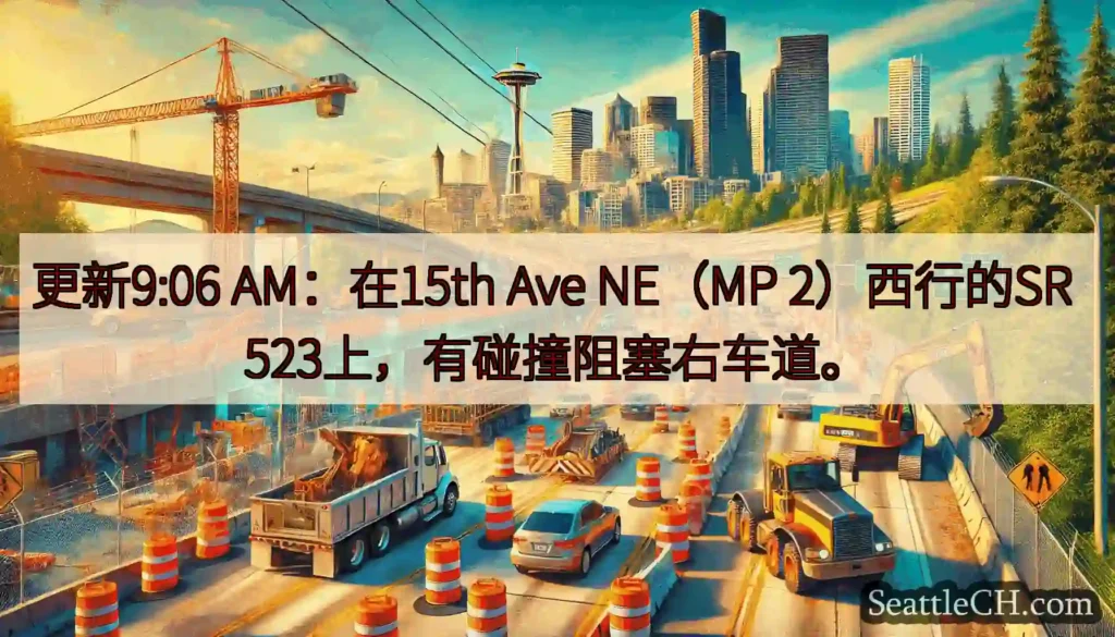 更新9:06 AM：在15th Ave NE（MP 2）西行的SR 523上，有碰撞阻塞右车道。