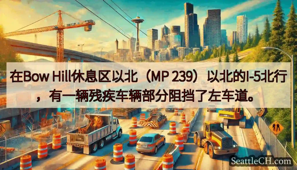 在Bow Hill休息区以北（MP 239）以北的I-5北行，有一辆残疾车辆部分阻挡了左车道。