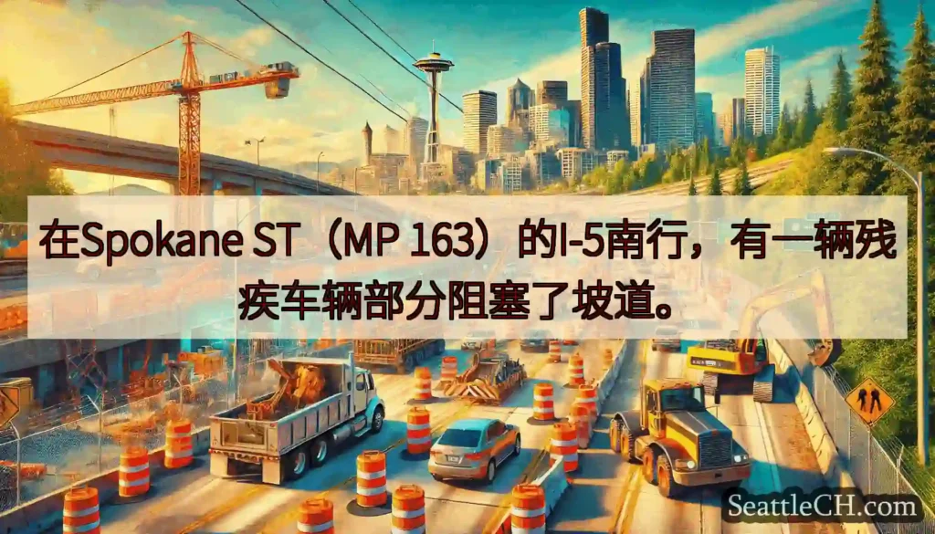 在Spokane ST（MP 163）的I-5南行，有一辆残疾车辆部分阻塞了坡道。