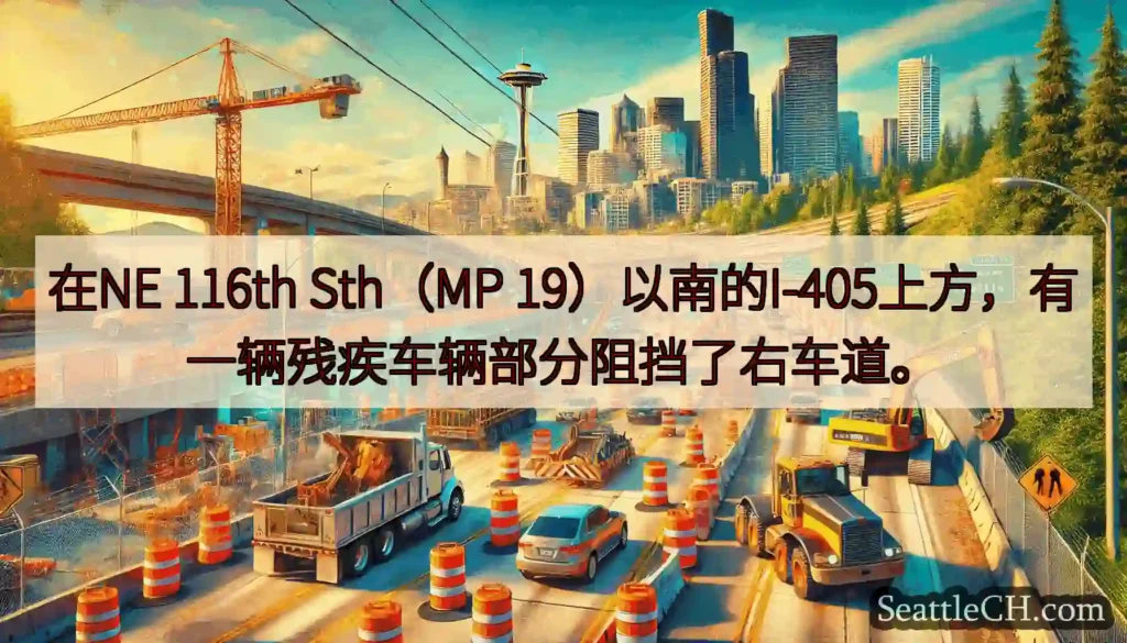 在NE 116th Sth（MP 19）以南的I-405上方，有一辆残疾车辆部分阻挡了右车道。