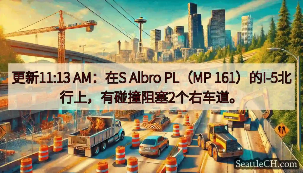 更新11:13 AM：在S Albro PL（MP 161）的I-5北行上，有碰撞阻塞2个右车道。