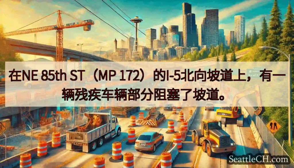 在NE 85th ST（MP 172）的I-5北向坡道上，有一辆残疾车辆部分阻塞了坡道。