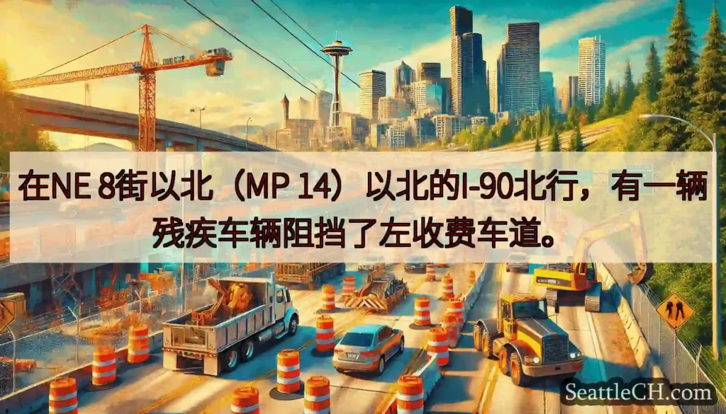 在NE 8街以北（MP 14）以北的I-90北行，有一辆残疾车辆阻挡了左收费车道。