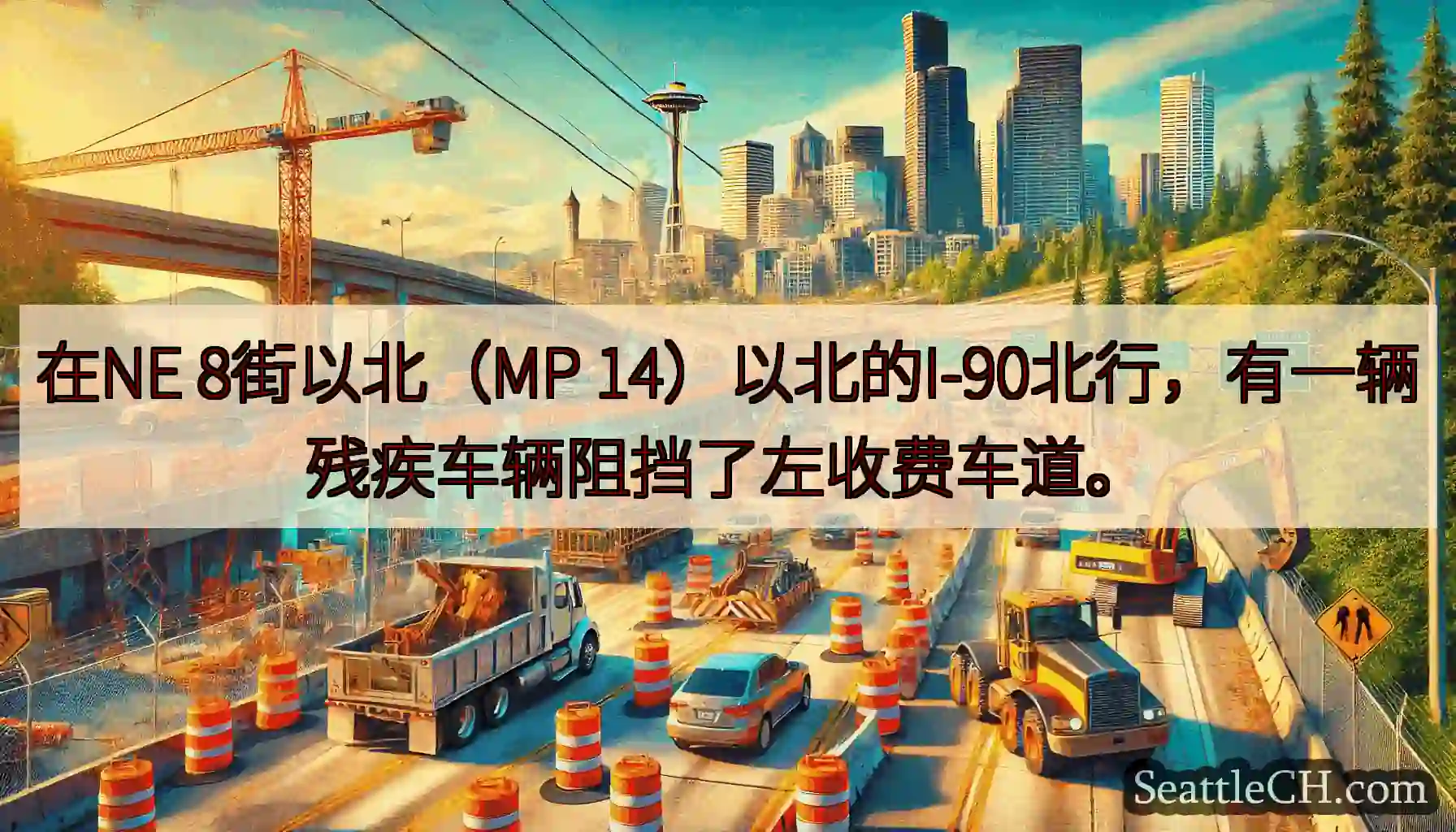 在NE 8街以北（MP 14）以北的I-90北行，有一辆残疾车辆阻挡了左收费车道。