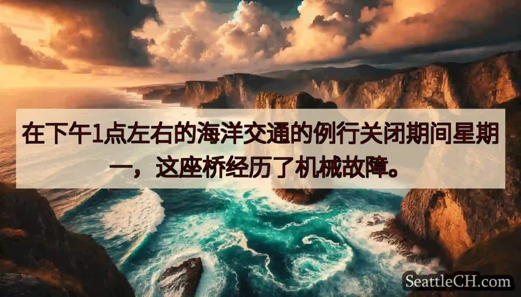 在下午1点左右的海洋交通的例行关闭期间星期一，这座桥经历了机械故障。
