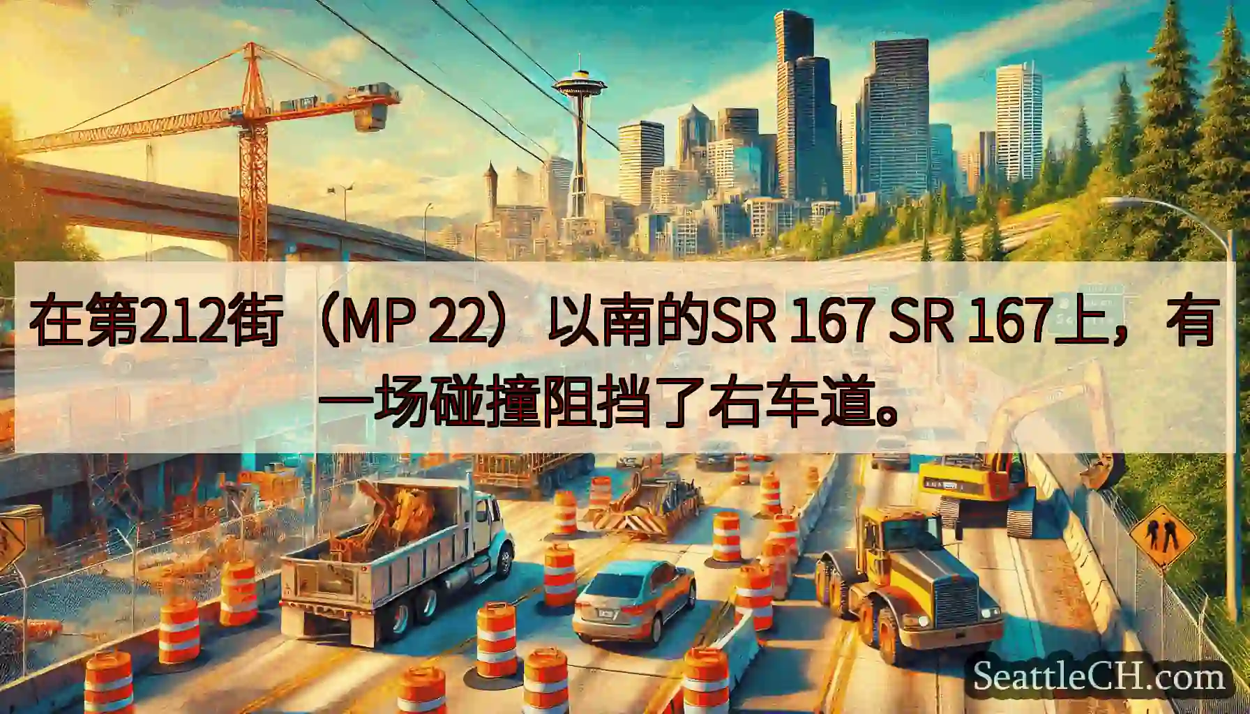 在第212街（MP 22）以南的SR 167 SR 167上，有一场碰撞阻挡了右车道。