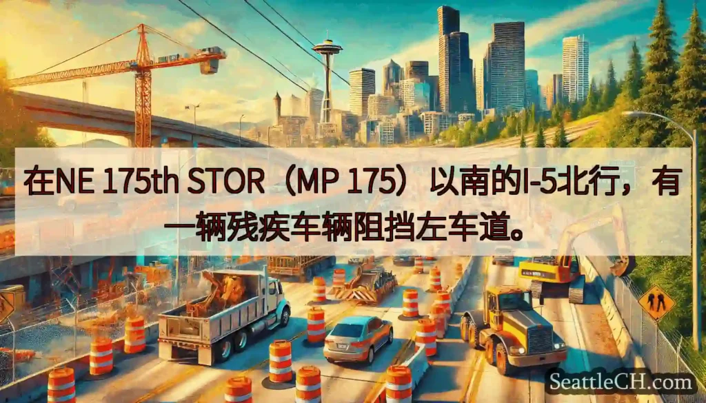 在NE 175th STOR（MP 175）以南的I-5北行，有一辆残疾车辆阻挡左车道。