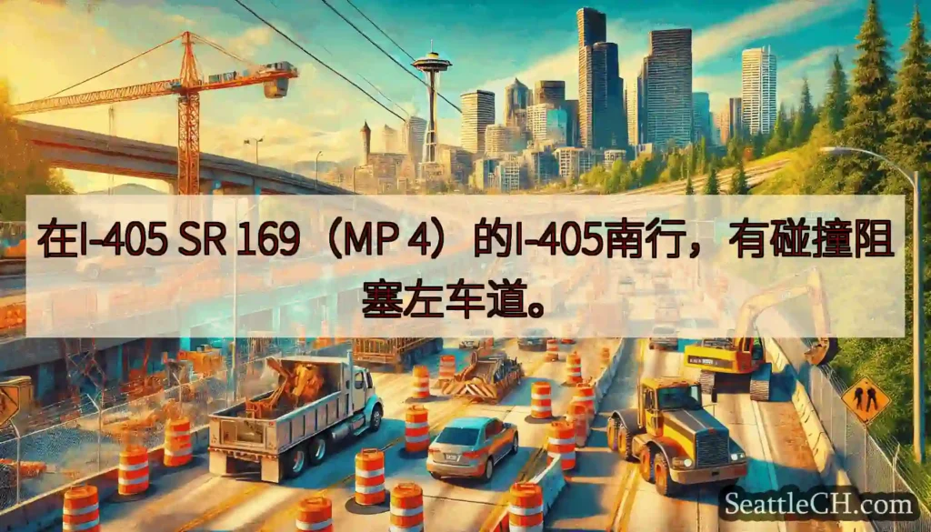 在I-405 SR 169（MP 4）的I-405南行，有碰撞阻塞左车道。