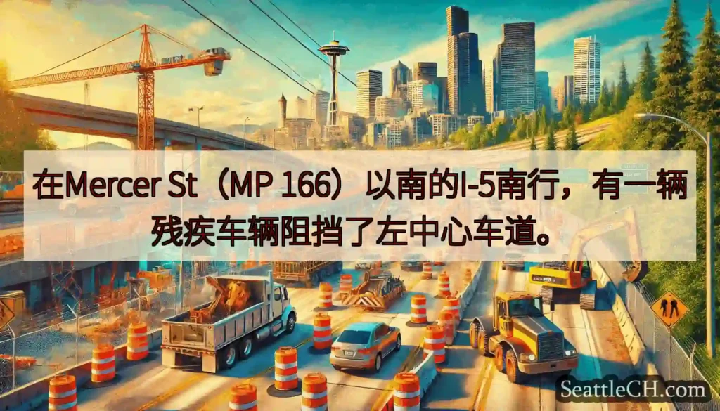 在Mercer St（MP 166）以南的I-5南行，有一辆残疾车辆阻挡了左中心车道。