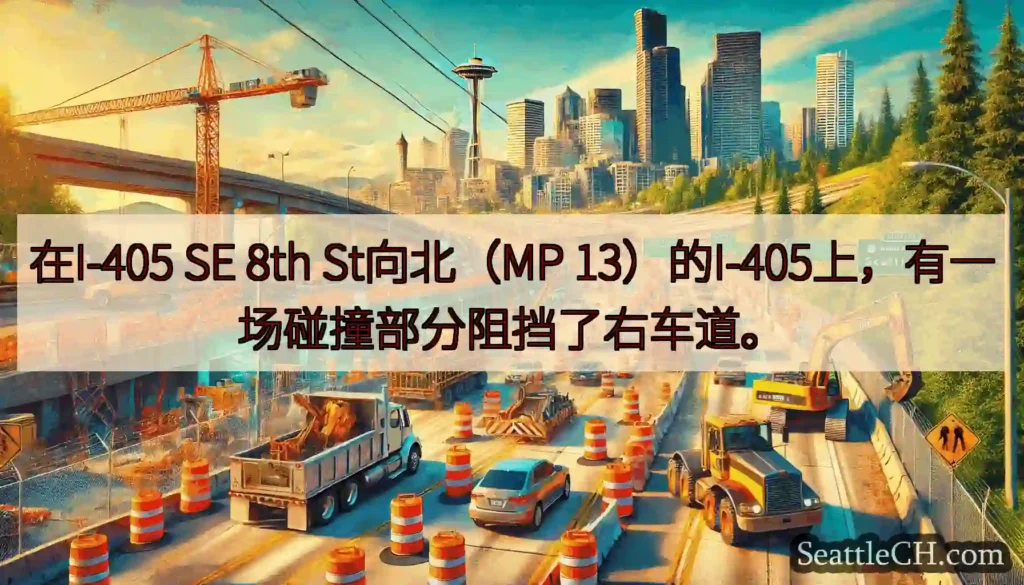 在I-405 SE 8th St向北（MP 13）的I-405上，有一场碰撞部分阻挡了右车道。