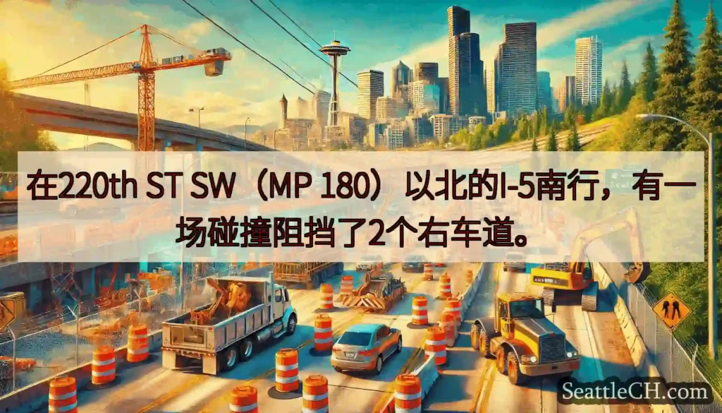 在220th ST SW（MP 180）以北的I-5南行，有一场碰撞阻挡了2个右车道。