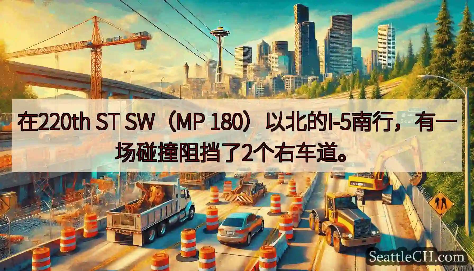 在220th ST SW（MP 180）以北的I-5南行，有一场碰撞阻挡了2个右车道。