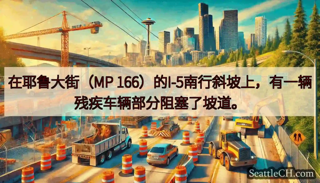 在耶鲁大街（MP 166）的I-5南行斜坡上，有一辆残疾车辆部分阻塞了坡道。