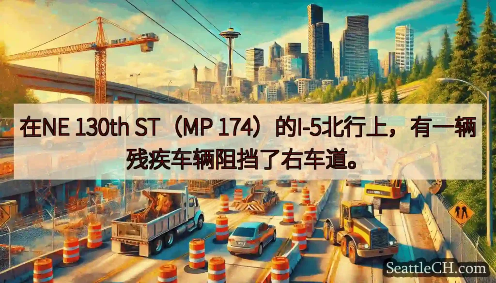 在NE 130th ST（MP 174）的I-5北行上，有一辆残疾车辆阻挡了右车道。