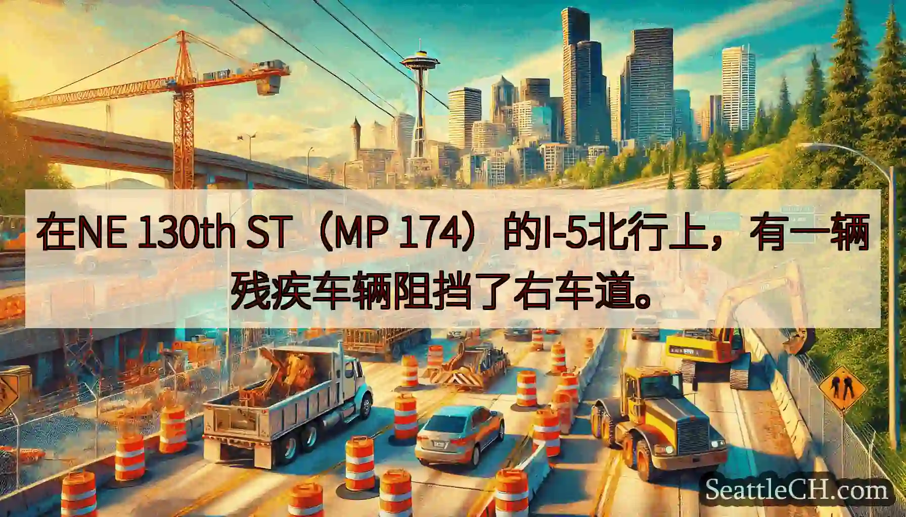 在NE 130th ST（MP 174）的I-5北行上，有一辆残疾车辆阻挡了右车道。