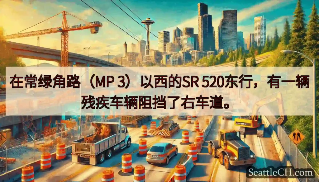 在常绿角路（MP 3）以西的SR 520东行，有一辆残疾车辆阻挡了右车道。