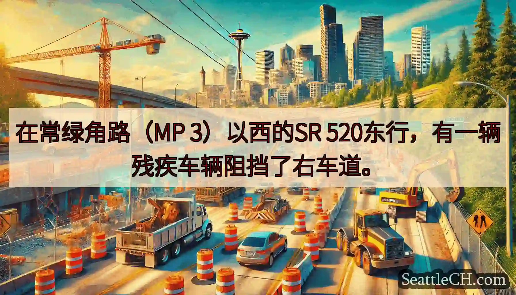 在常绿角路（MP 3）以西的SR 520东行，有一辆残疾车辆阻挡了右车道。