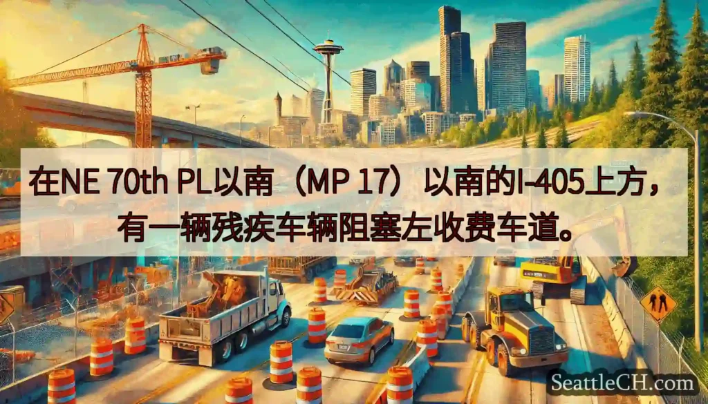 在NE 70th PL以南（MP 17）以南的I-405上方，有一辆残疾车辆阻塞左收费车道。