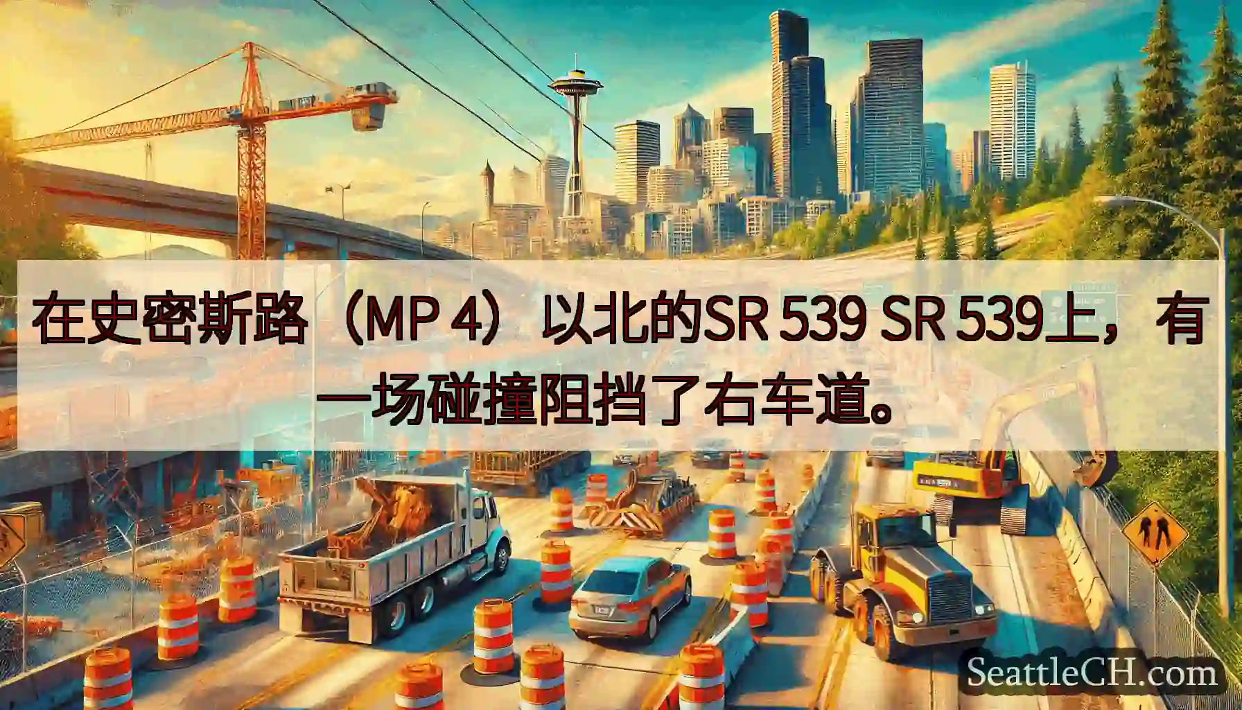 在史密斯路（MP 4）以北的SR 539 SR 539上，有一场碰撞阻挡了右车道。