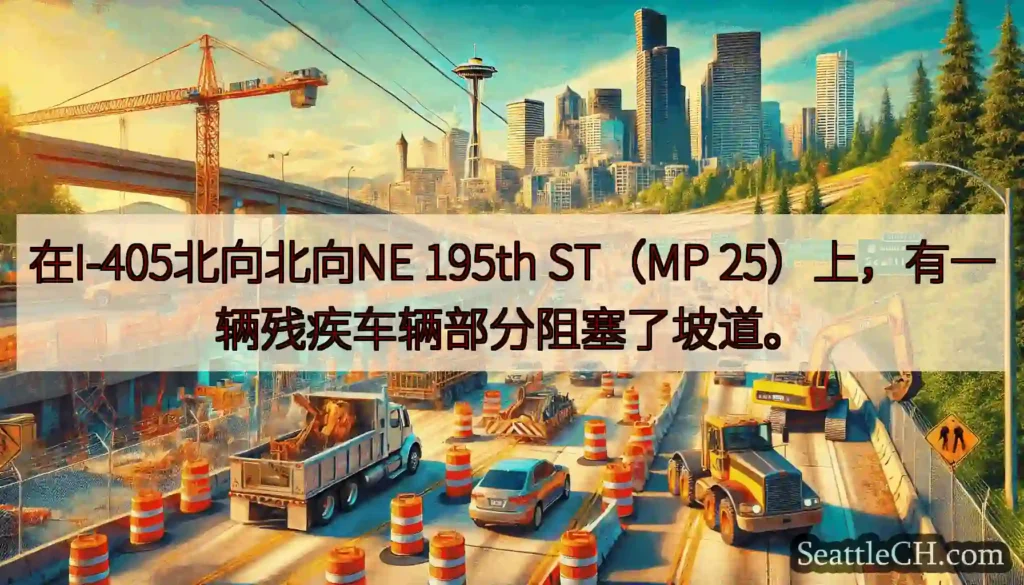 在I-405北向北向NE 195th ST（MP 25）上，有一辆残疾车辆部分阻塞了坡道。