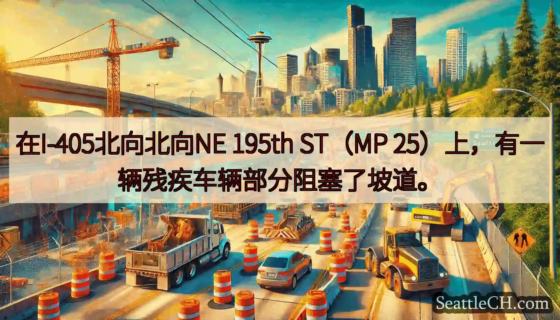 在I-405北向北向NE 195th ST（MP 25）上，有一辆残疾车辆部分阻塞了坡道。