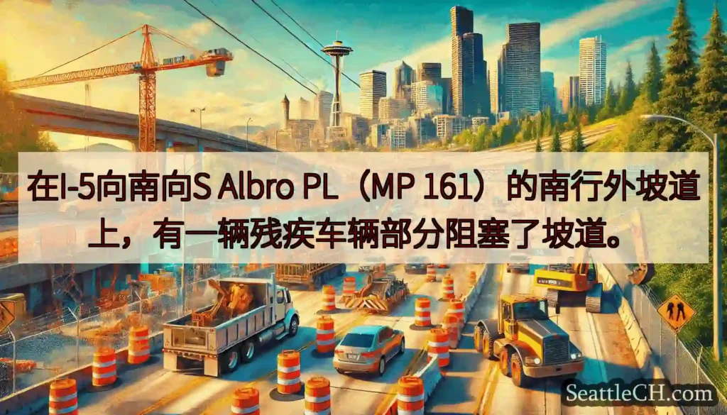 在I-5向南向S Albro PL（MP 161）的南行外坡道上，有一辆残疾车辆部分阻塞了坡道。