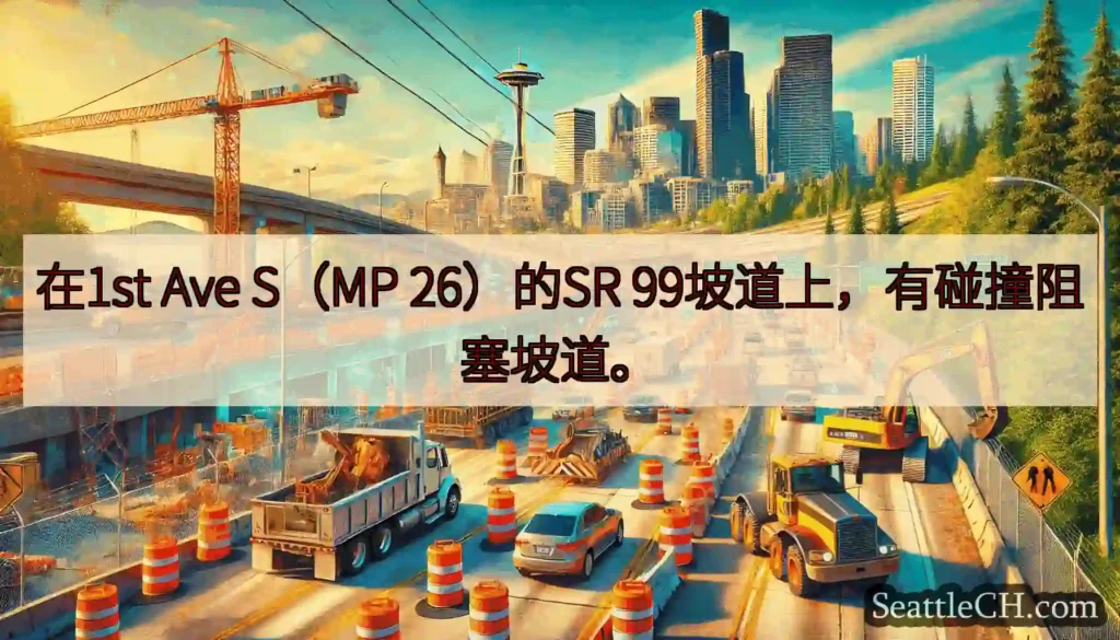 在1st Ave S（MP 26）的SR 99坡道上，有碰撞阻塞坡道。