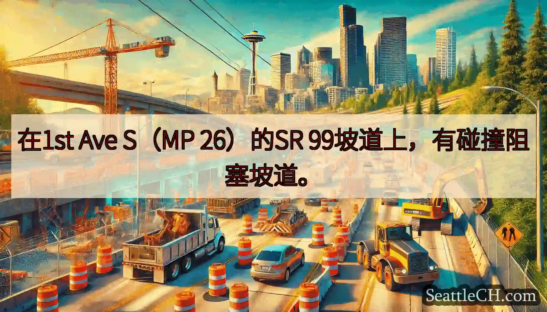 在1st Ave S（MP 26）的SR 99坡道上，有碰撞阻塞坡道。