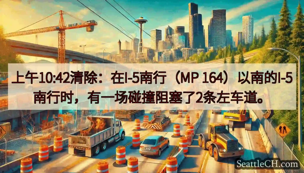 上午10:42清除：在I-5南行（MP 164）以南的I-5南行时，有一场碰撞阻塞了2条左车道。
